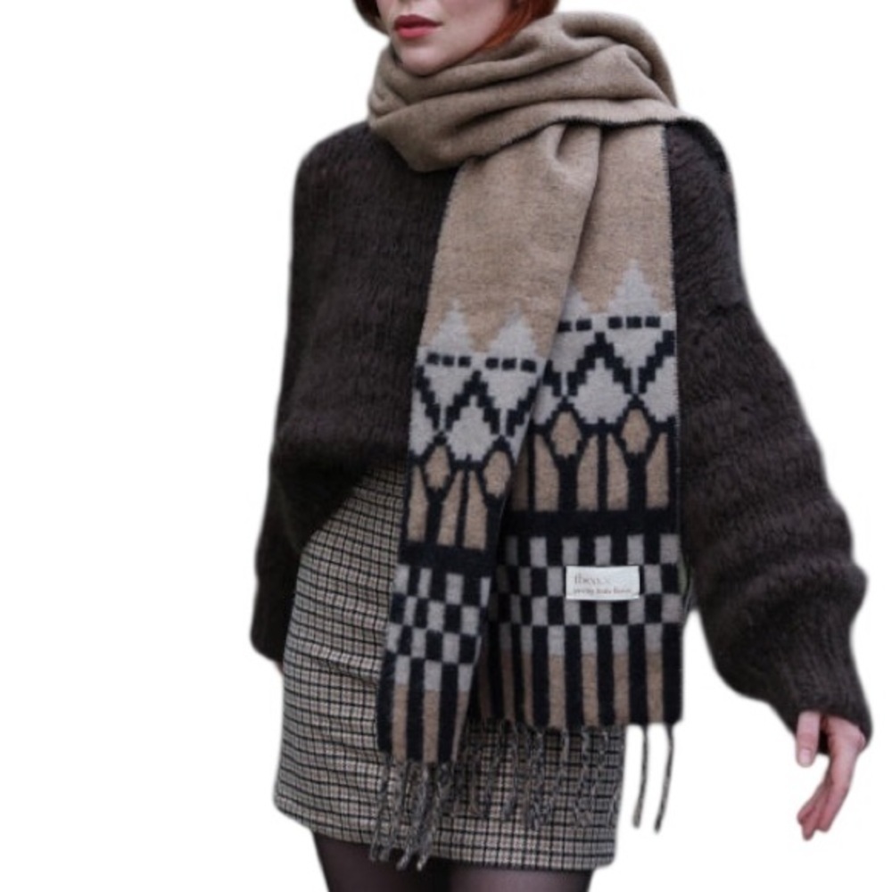ANTHROPOLOGIE NEW TBCO x Pretty Little Fawn Beige Gray Fair Isle Wool Scarf